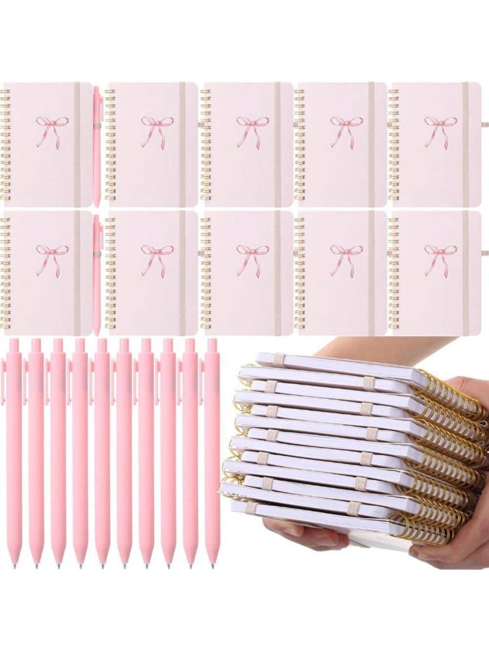24 Set Pink Bow Spiral Notebooks & Ballpoint Pens - Cute A6 Journaling Supplies
